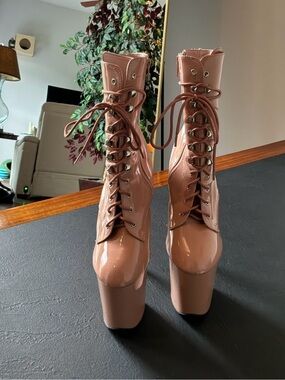 Flamingo-1020 8-inch Blush Patent Lace-Up Platform Boots